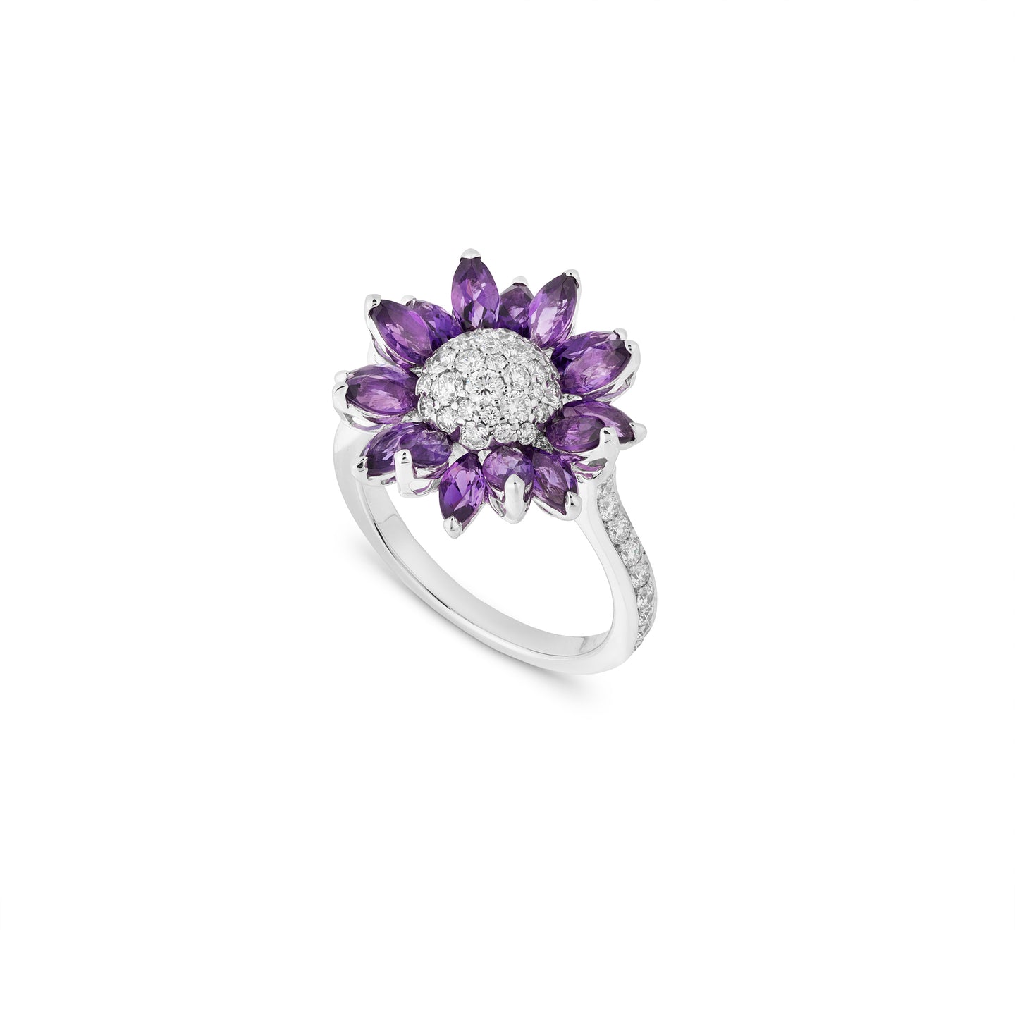 Daisy Small Ring in 18ct White Gold with Amethysts and Diamonds