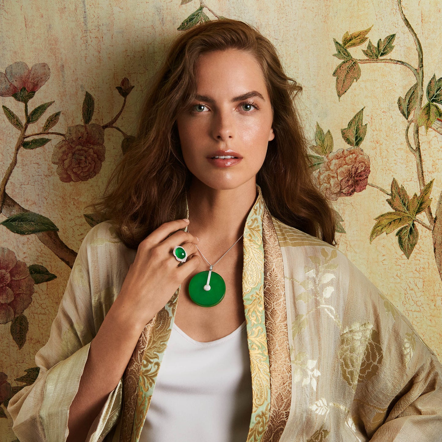 Imperial Jadeite “Peace” Disc Pendant in 18ct White Gold with Diamonds