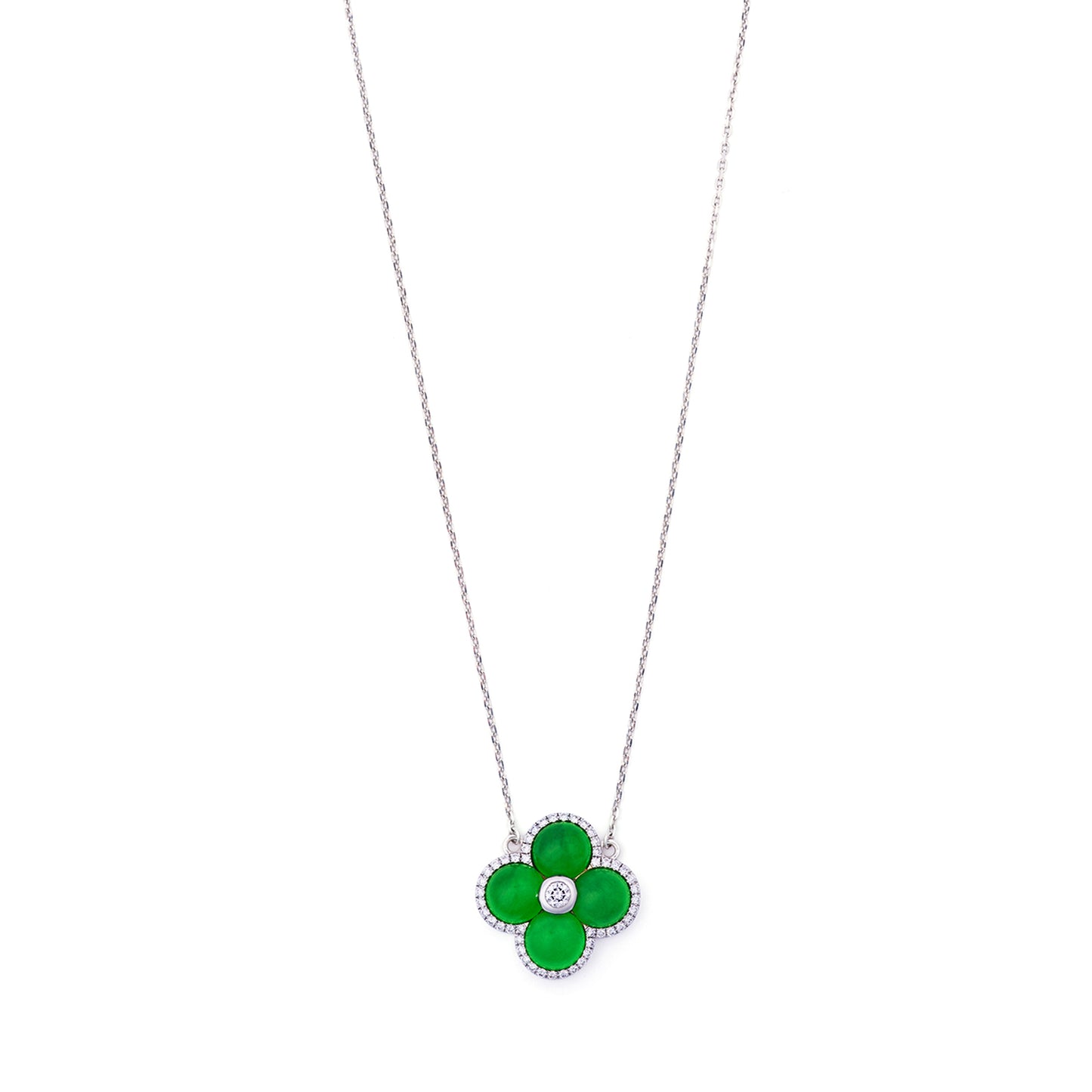 Imperial Jadeite Clover Pendant in 18ct White Gold with Diamonds