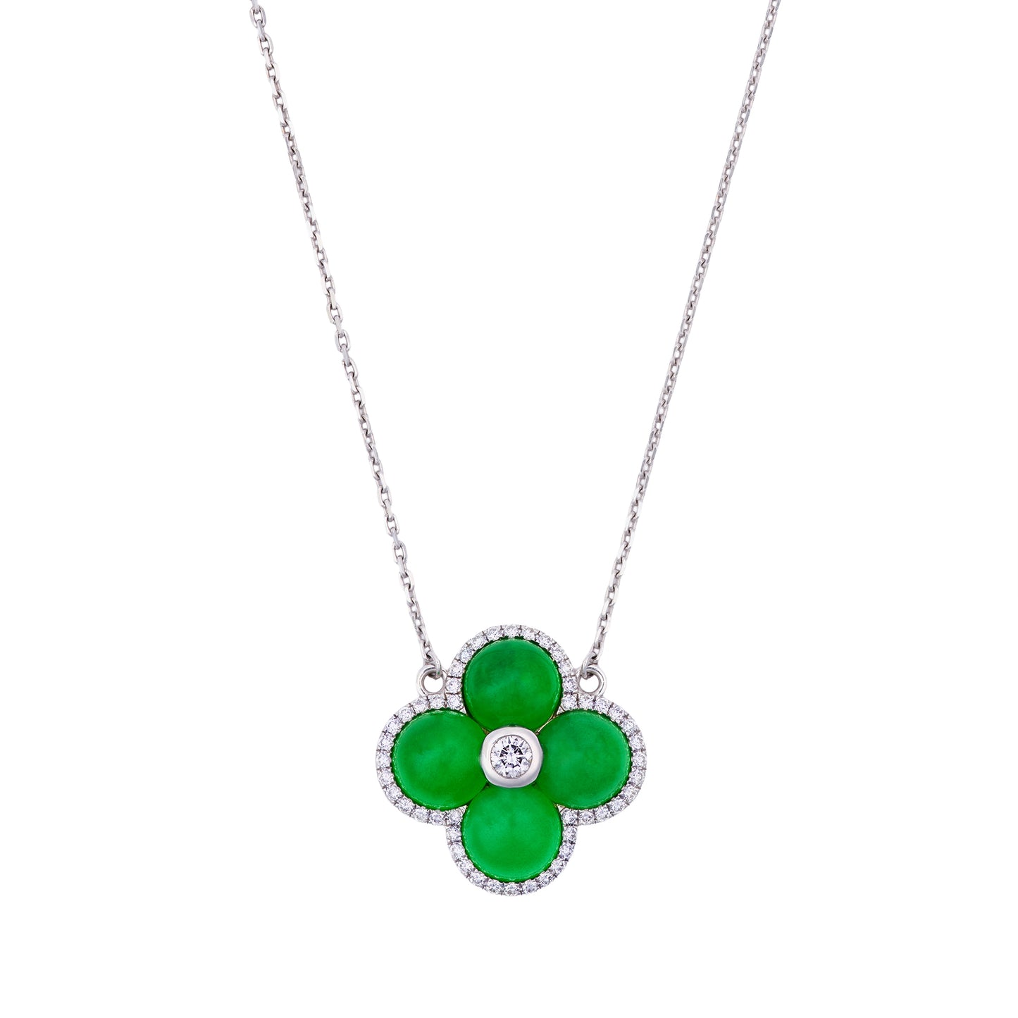 Imperial Jadeite Clover Pendant in 18ct White Gold with Diamonds