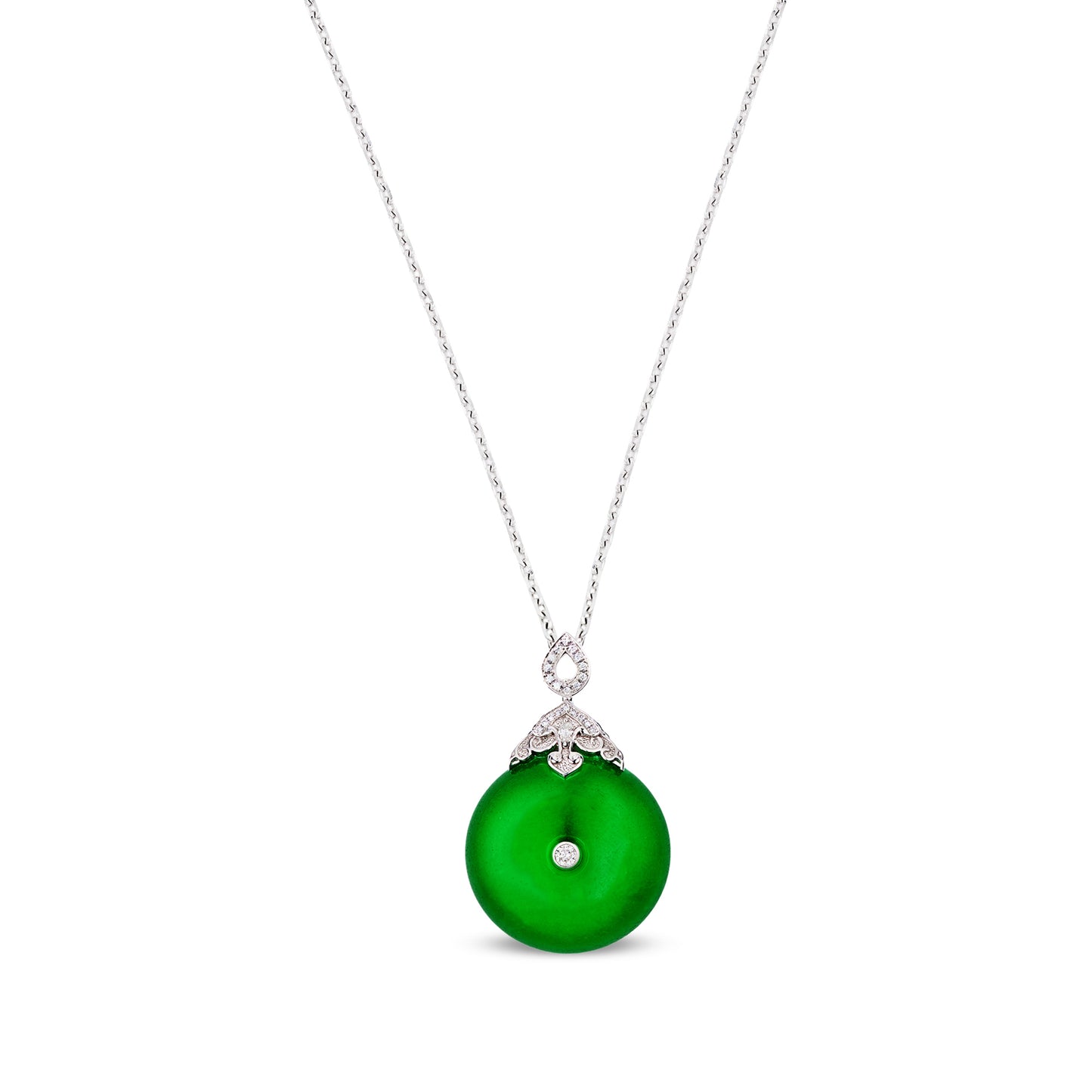 Imperial Jadeite Pingan Pendant in 18ct White Gold with Diamonds
