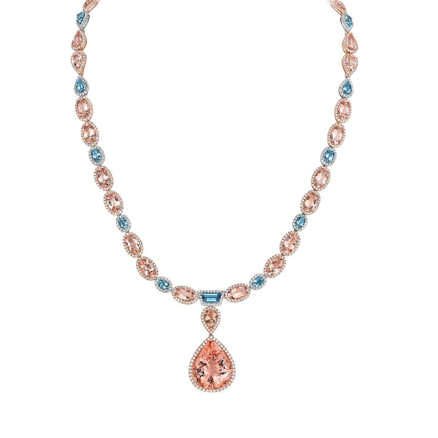 Pear-Cut Morganite Drop Necklace in 18ct Yellow Gold with Aquamarine and Diamonds