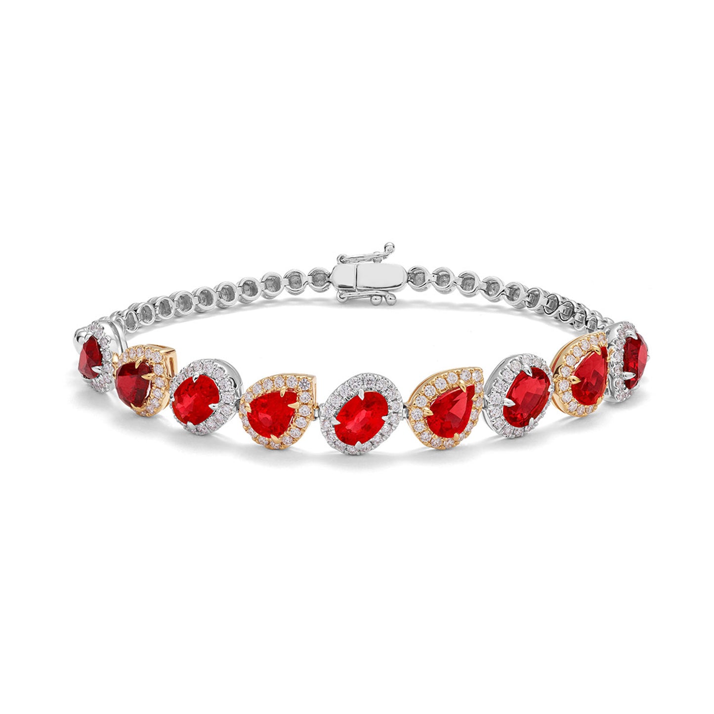 Pear & Oval-Cut Ruby Half Tennis Bracelet in 18ct White and Yellow Gold with Diamonds