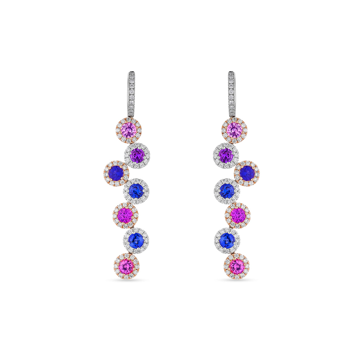 Round-Cut Multicolour Sapphire Drop Earrings in 18ct White & Yellow Gold with Diamonds