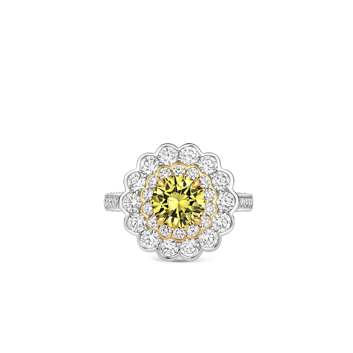Round Brilliant-cut Yellow Diamond Ring in Platinum and 18ct Yellow Gold with Diamonds