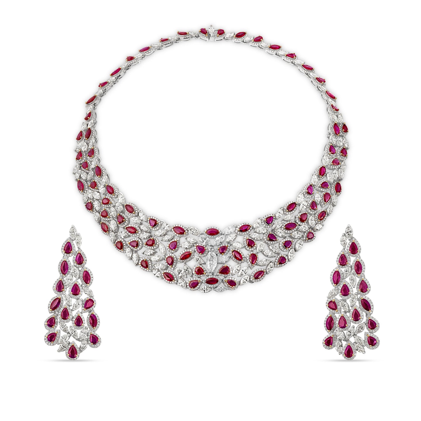 Ruby and Diamond Necklace and Earrings Suite in 18ct White Gold