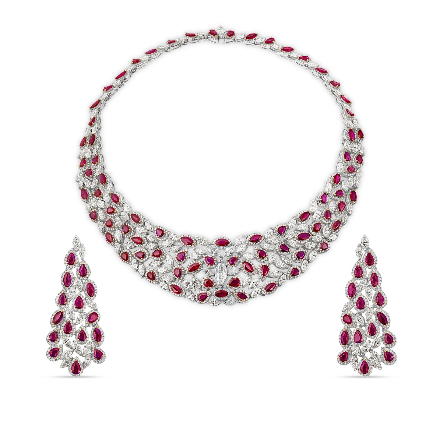 Ruby and Diamond Necklace and Earrings Suite in 18ct White Gold