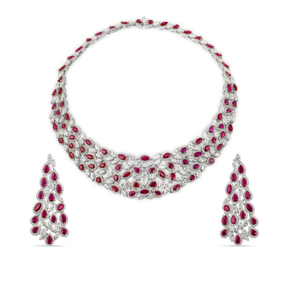 Ruby and Diamond Necklace and Earrings Suite in 18ct White Gold