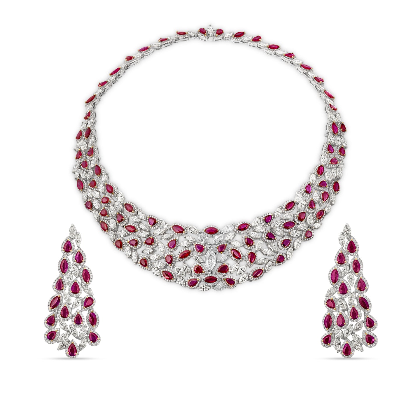 Ruby and Diamond Necklace and Earrings Suite in 18ct White Gold