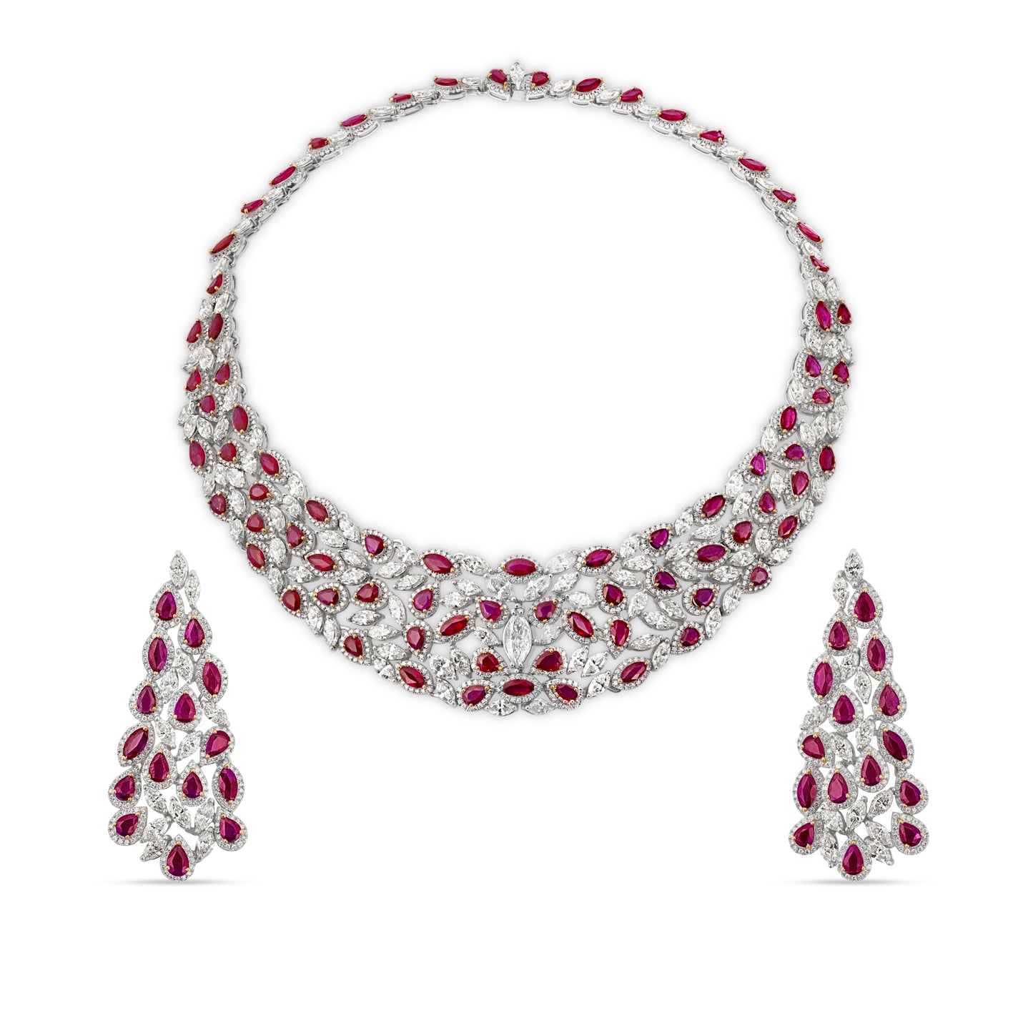 Ruby and Diamond Necklace and Earrings Suite in 18ct White Gold