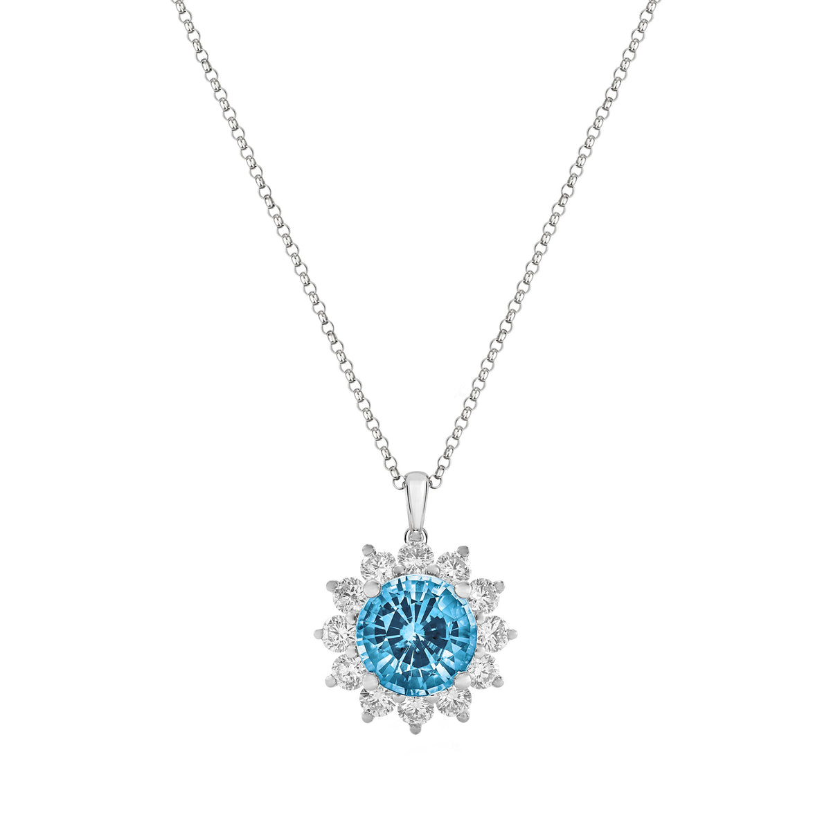 Snowflake Round-Cut Santa Maria Aquamarine Pendant in 18ct White Gold with Diamonds