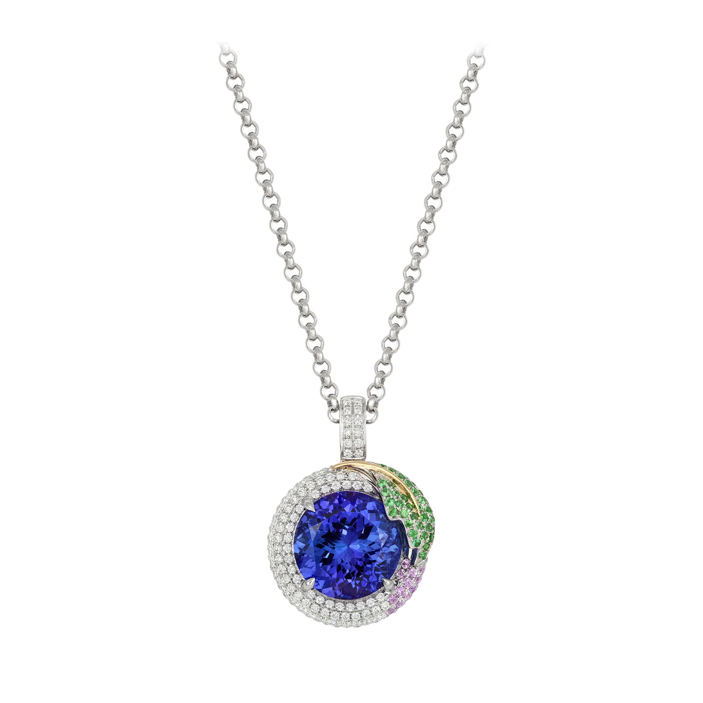 Tanzanite Pendant in 18ct White and Yellow Gold with Tsavorite and Sapphires