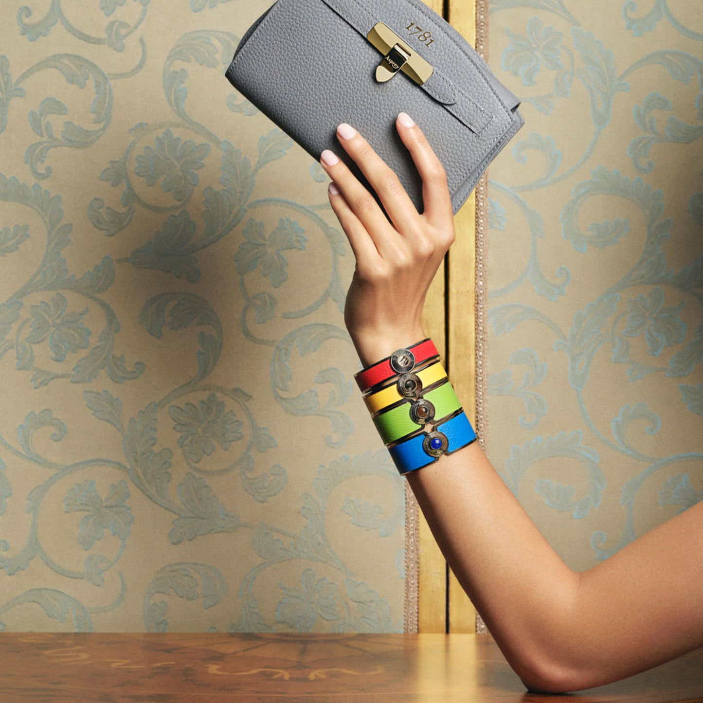 Bond Street Wide Button Cuff in Pebble Grain Leather with Palladium Finish