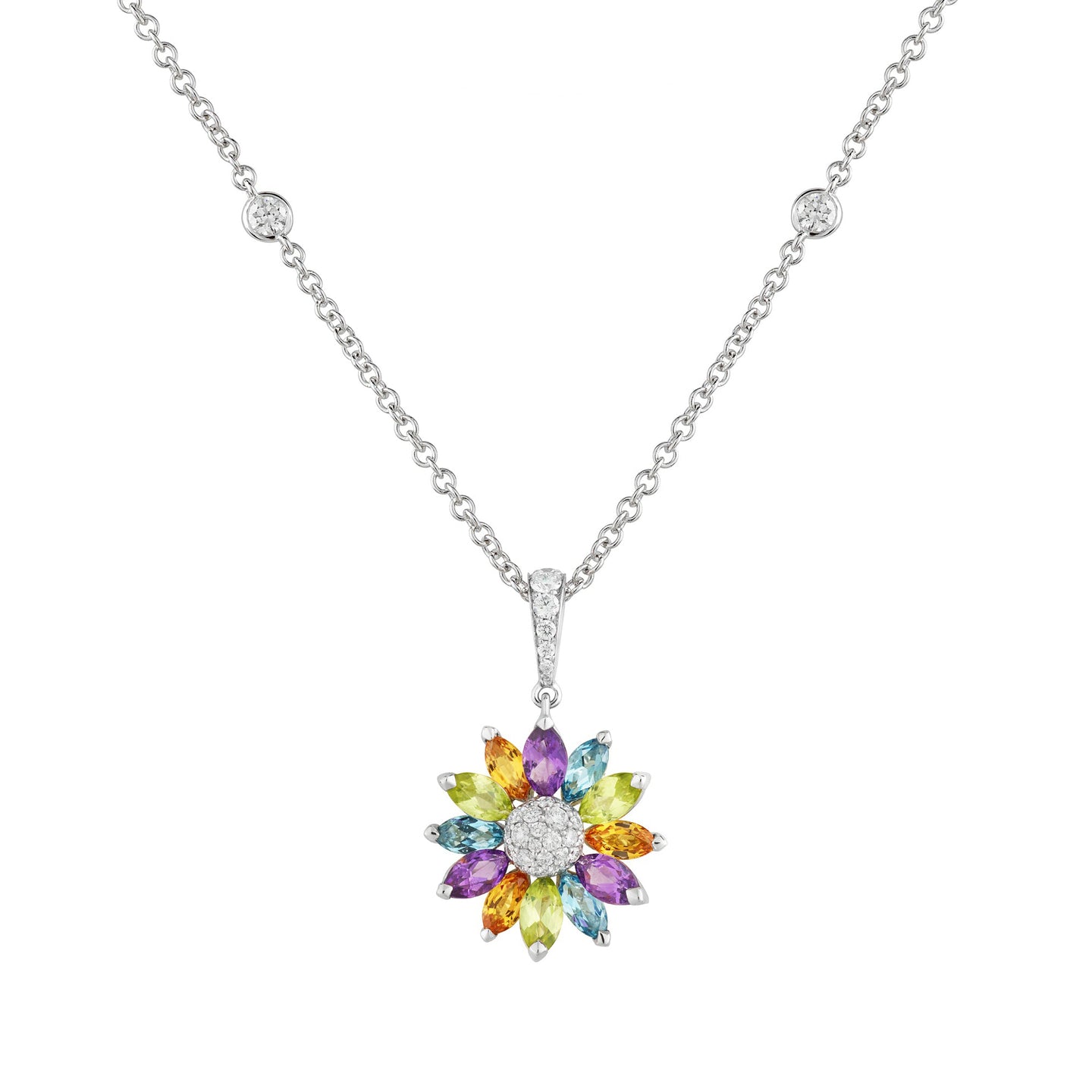 Daisy Small Pendant in 18ct White Gold with Multicoloured Gemstones