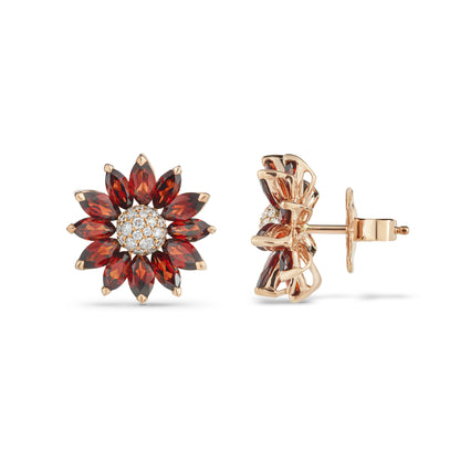 Daisy Small Earrings in 18ct Rose Gold with Garnet and Diamonds