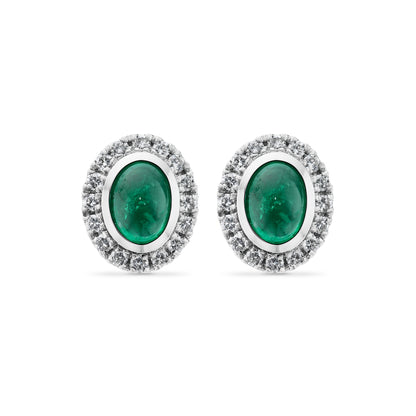 Emerald and Diamonds Cluster Stud Earrings in 18ct White Gold