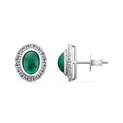 Emerald and Diamonds Cluster Stud Earrings in 18ct White Gold