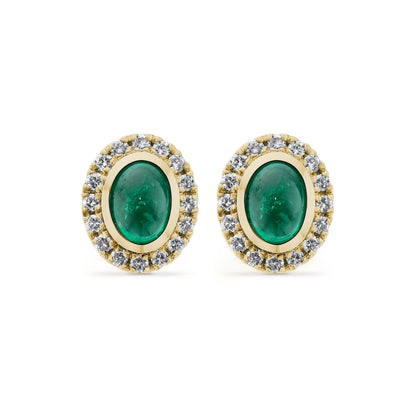Emerald and Diamonds Cluster Stud Earrings in 18ct Yellow Gold