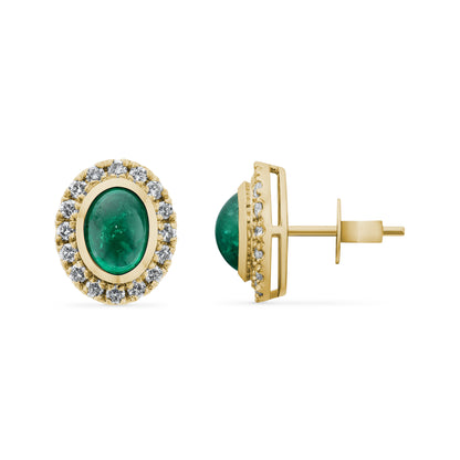 Emerald and Diamonds Cluster Stud Earrings in 18ct Yellow Gold