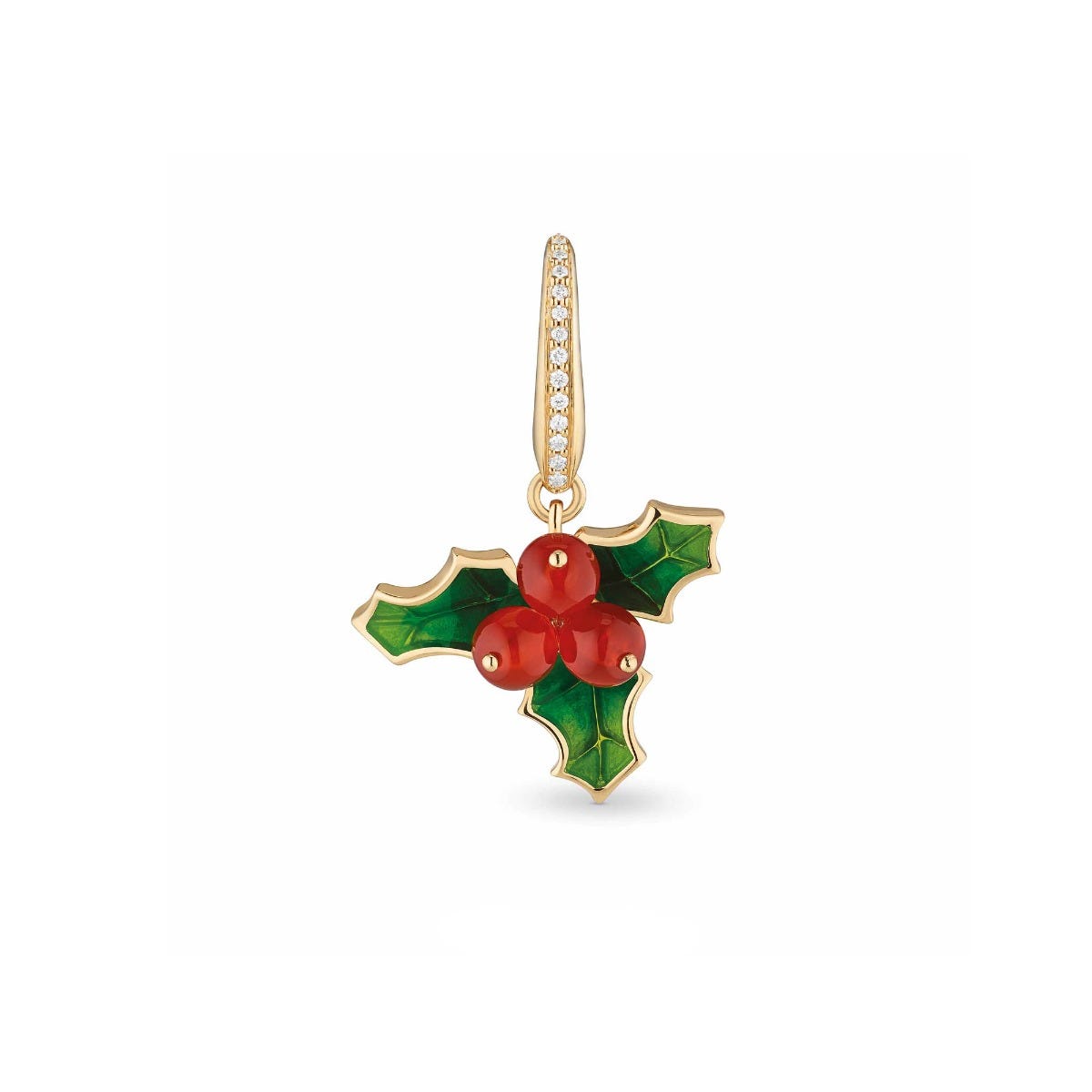 Woodland Holly Charm in Enamelled 18ct Yellow Gold with Red Agates