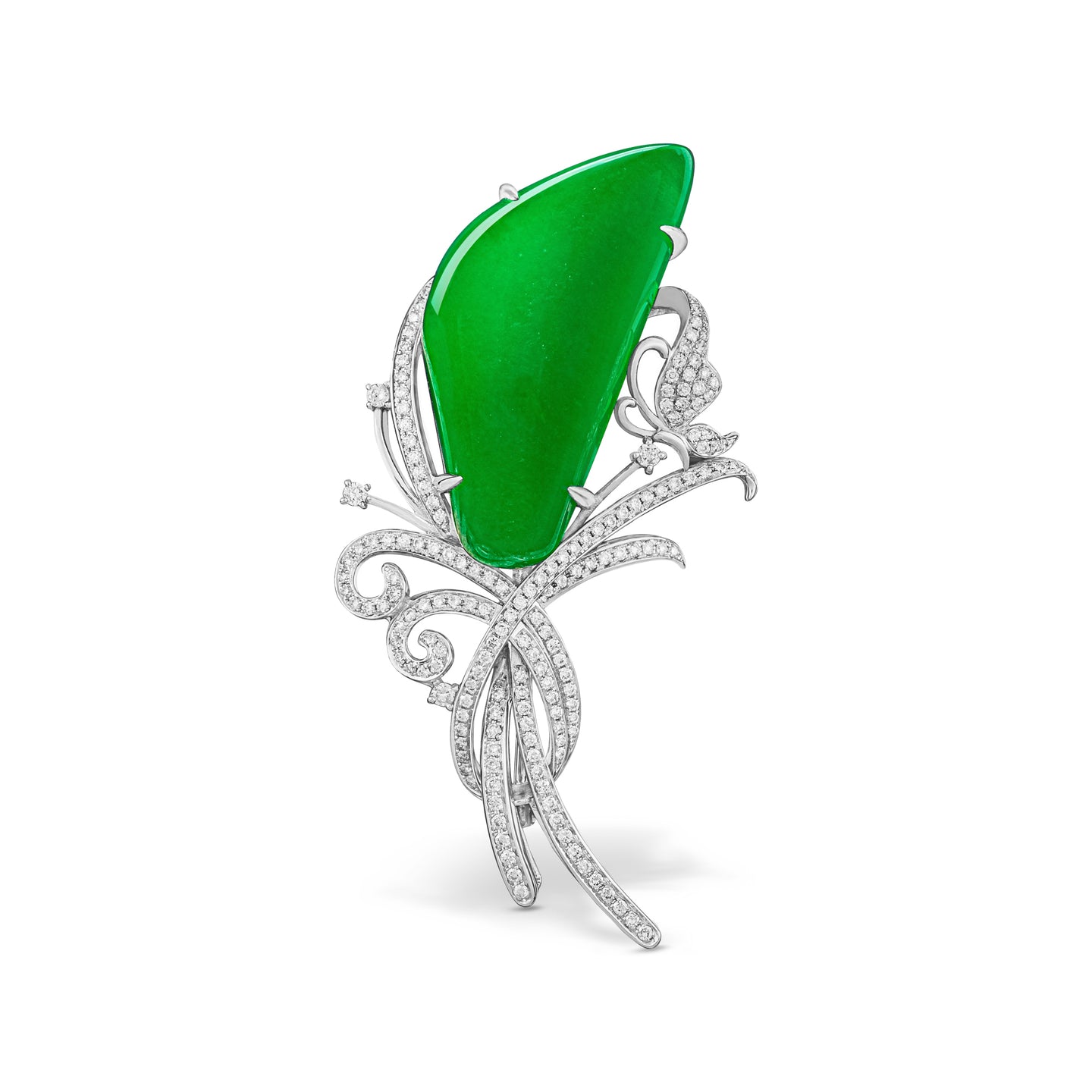 Imperial Jadeite Cabochon Brooch in 18ct White Gold with Diamonds