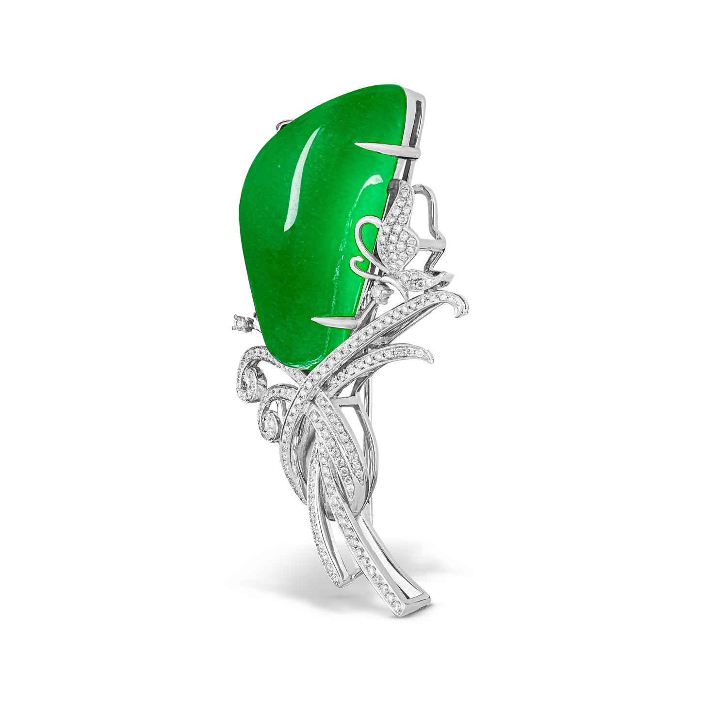 Imperial Jadeite Cabochon Brooch in 18ct White Gold with Diamonds