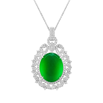 Imperial Jadeite Oval Cabochon Pendant in 18ct White Gold with Diamonds