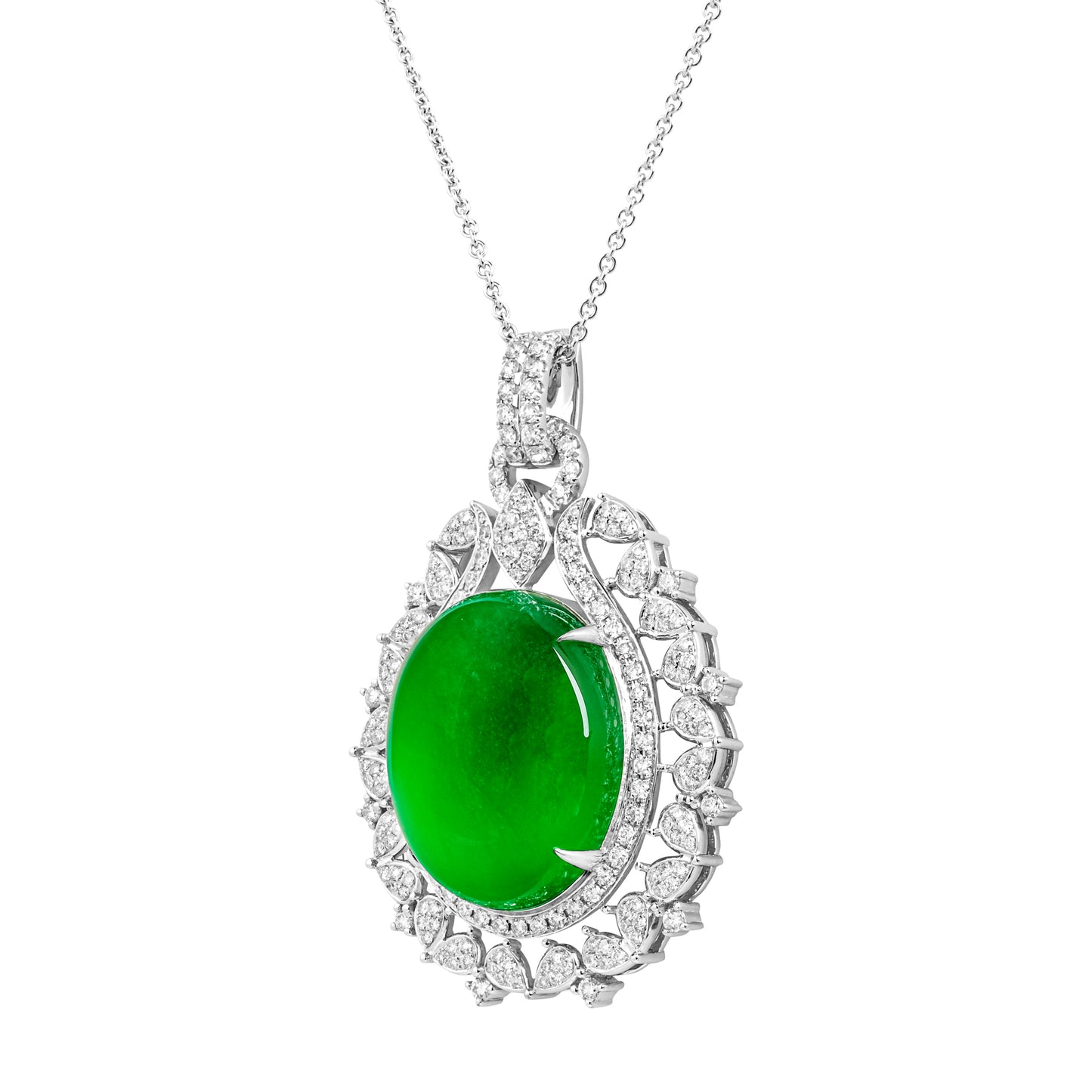 Imperial Jadeite Oval Cabochon Pendant in 18ct White Gold with Diamonds