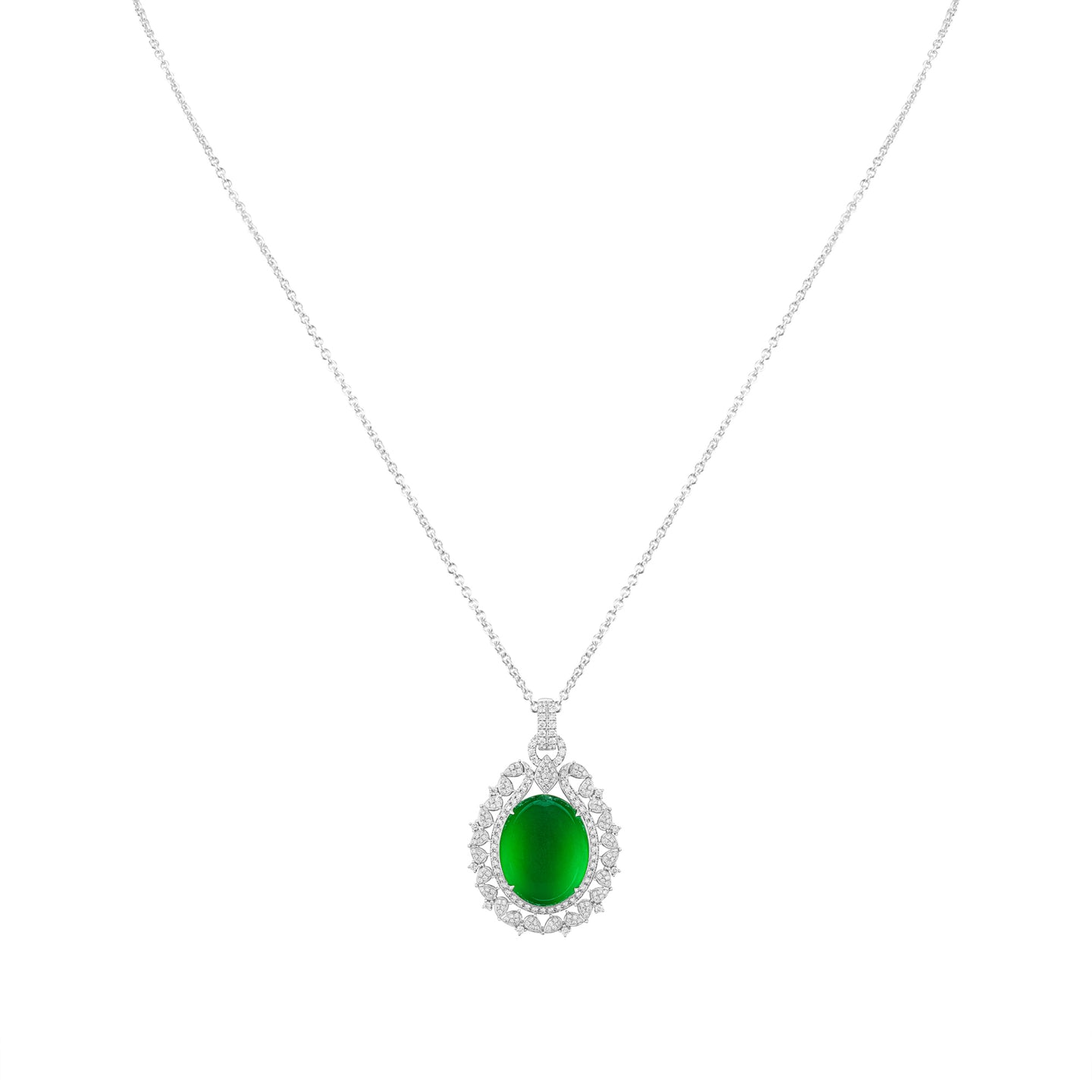Imperial Jadeite Oval Cabochon Pendant in 18ct White Gold with Diamonds