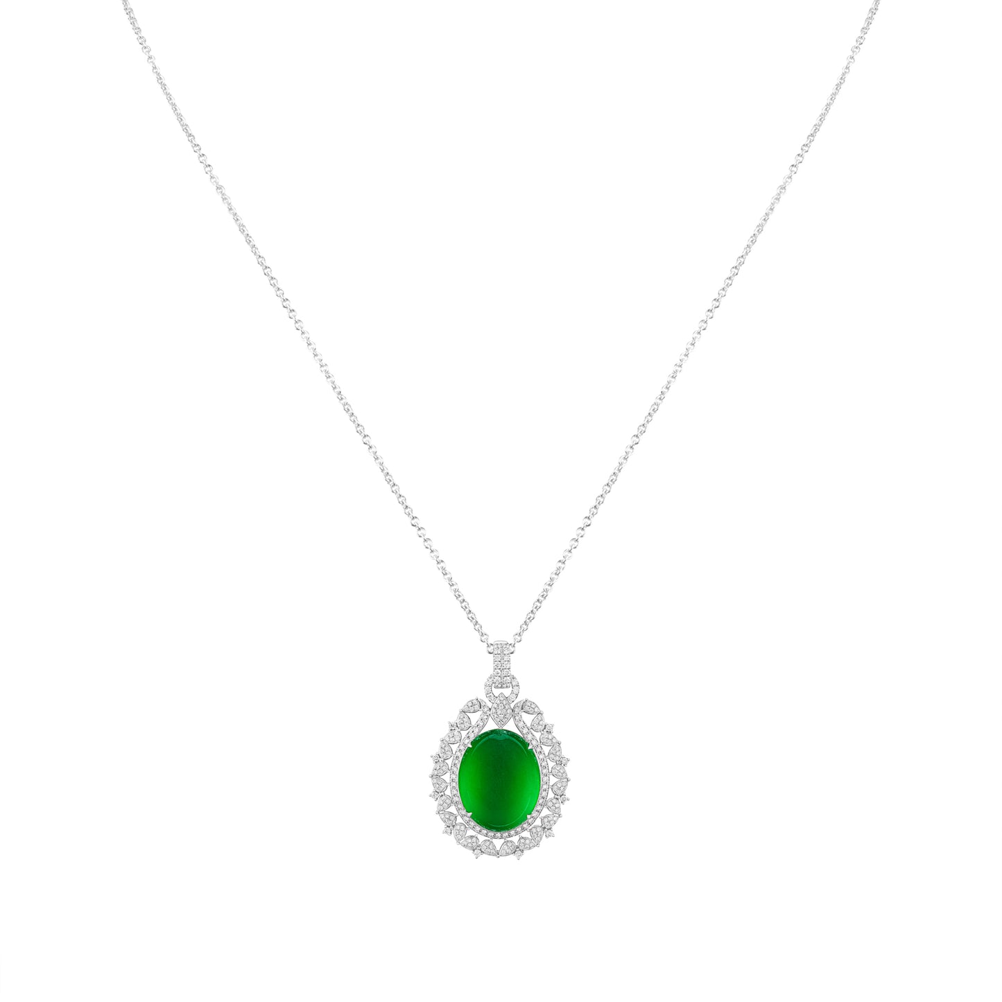 Imperial Jadeite Oval Cabochon Pendant in 18ct White Gold with Diamonds
