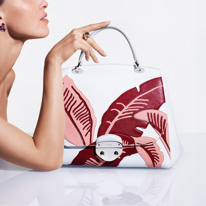 Asprey839 Belle Brown Leaf ハンドバッグ（ホワイト ソフトグレインレザー）