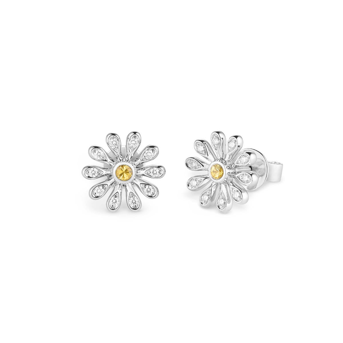 Mini Daisy Large Earrings in 18ct White Gold with Yellow Sapphire and Diamonds
