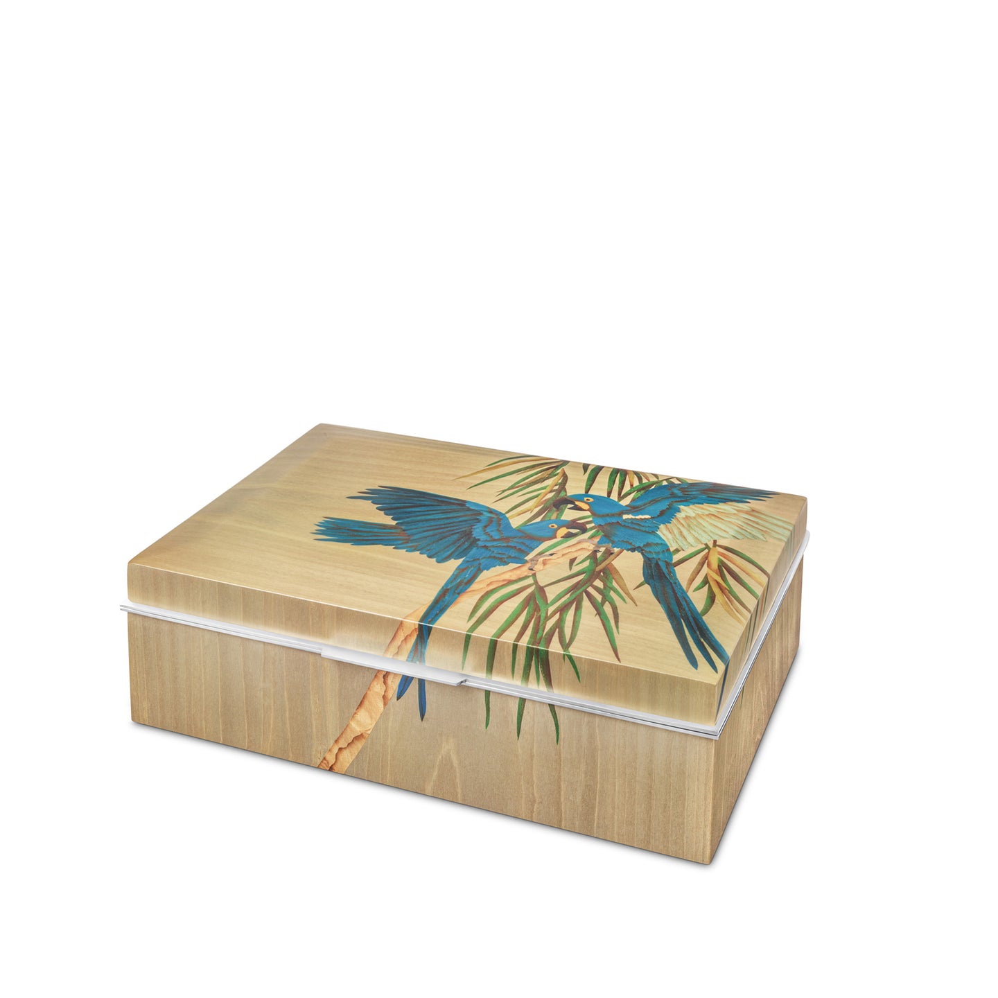 Parrot Marquetry Box in Wood & Sterling Silver