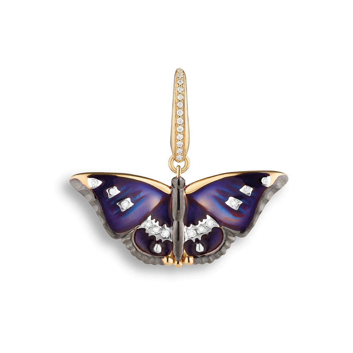 Woodland Purple Butterfly Charm in Enamelled 18ct Yellow Gold with Diamonds